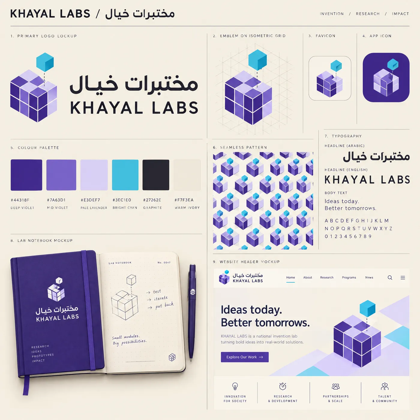 Higgsfield identity study for Khayal Labs: an isometric violet cube of modules with one cyan module lifted out, shown as a lockup, favicon, app icon, palette, pattern, notebook and website header.
