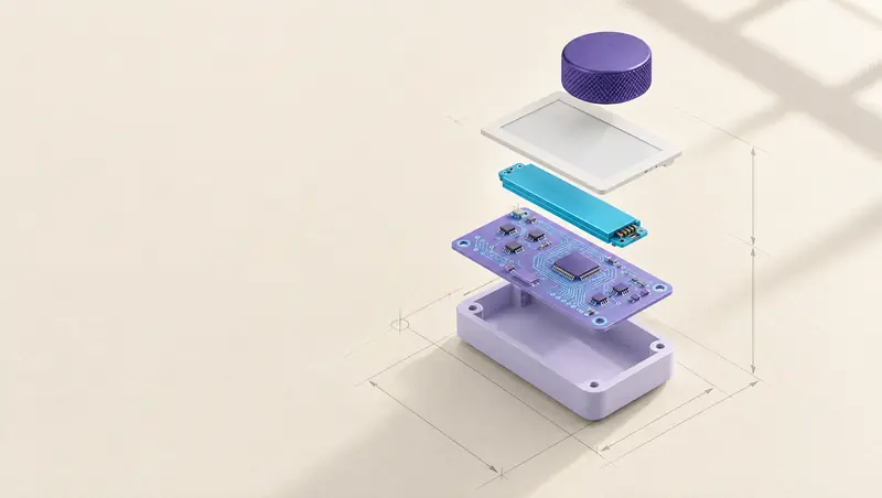 Exploded assembly of a modular instrument in lavender, violet and cyan above drafting paper