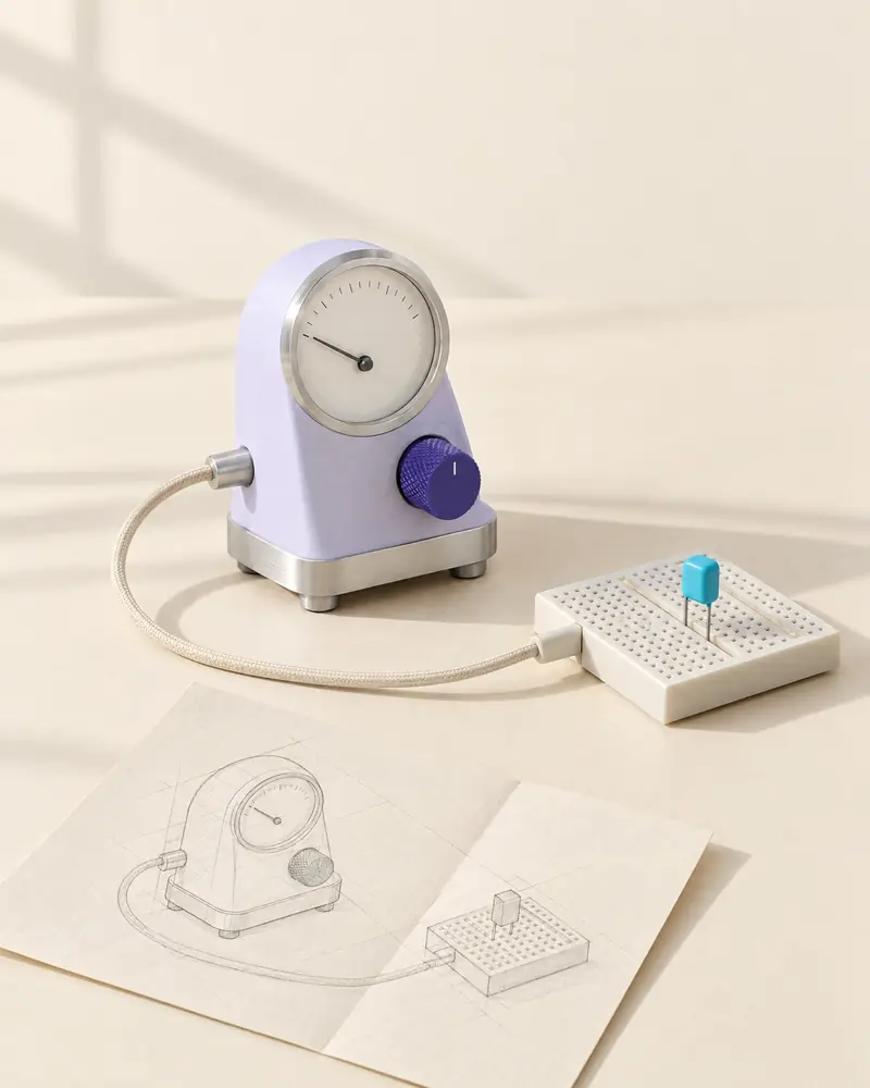 Lavender measuring instrument with a violet dial, cabled to a breadboard with one cyan part