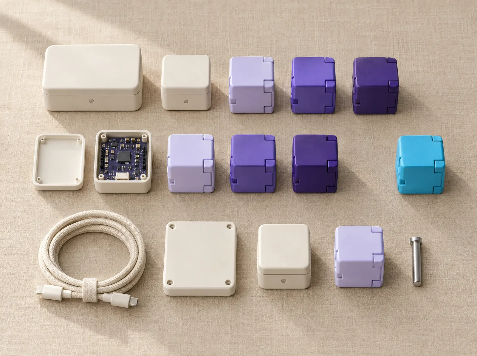 A grid of small modular prototype enclosures and cube modules in ivory, lavender and violet on linen, with one cyan module placed apart and one enclosure opened to show a circuit board.
