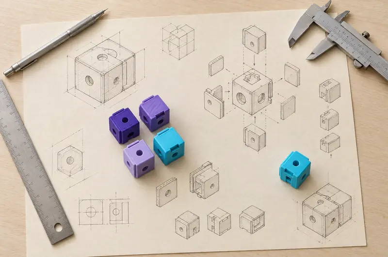 Isometric pencil studies of cube modules with violet and cyan printed modules