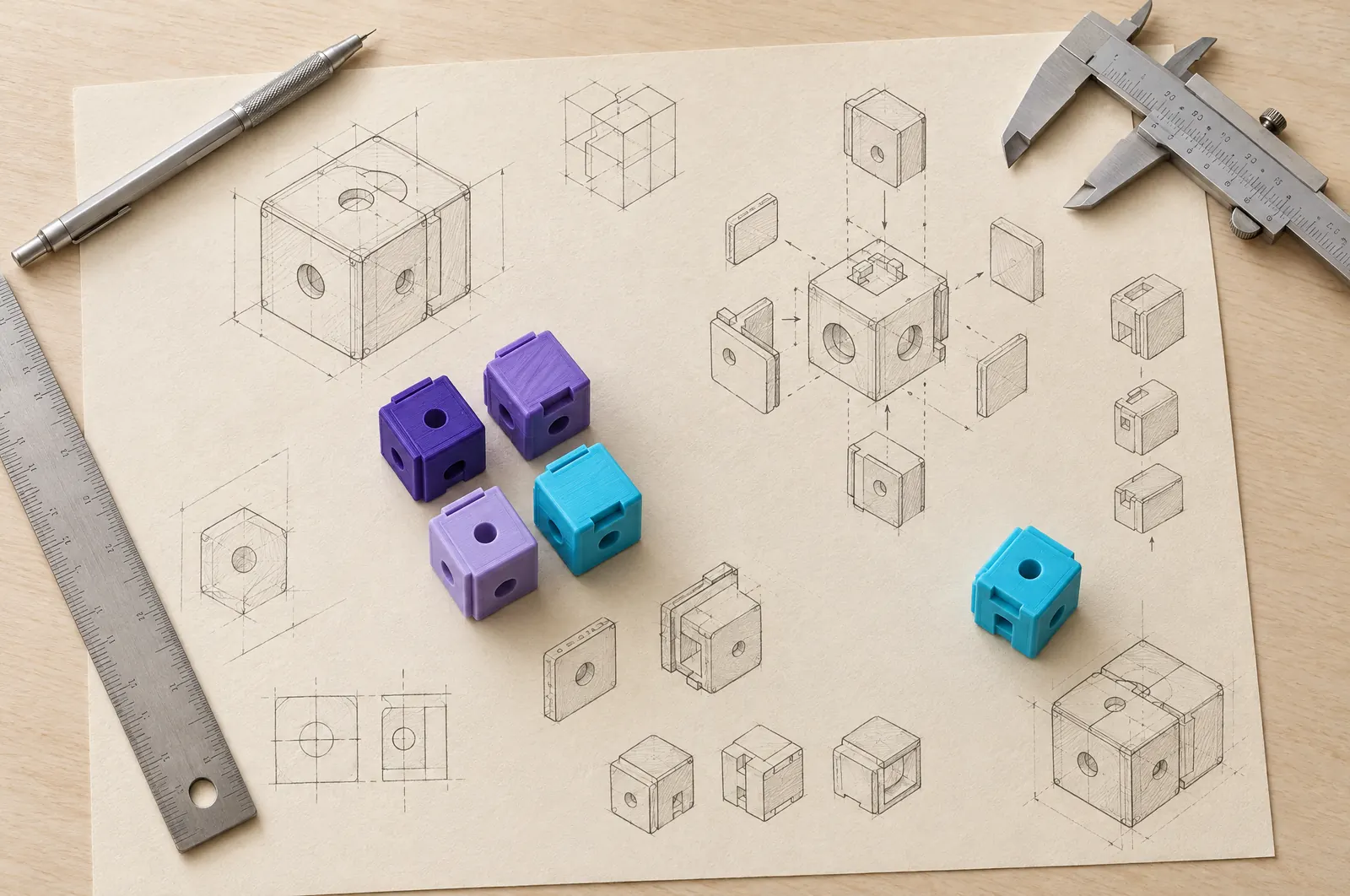 Pencil isometric studies of modular cube parts on drafting paper, with calipers, a ruler and printed cube modules in violet, lavender and cyan, one cyan module set apart.